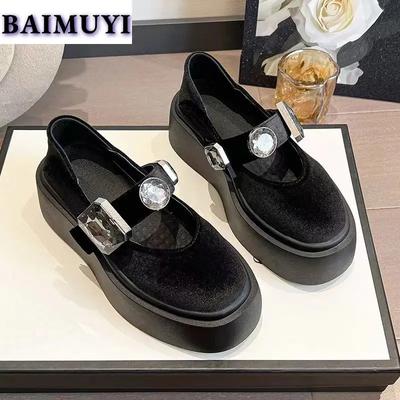 Туфли Мэри Джейн на платформе с кристаллами, женские, блестящие, на среднем каблуке, на плоской подошве, замшевые, повседневные, 2024, трендовые мюли, осенняя роскошь, Zapatos Mujer