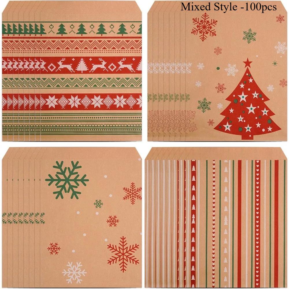 100pcs Christmas Kraft Bags Festive Paper Gift Bags 4 Unique Designs Christmas Party Goody Bags and Buffet Tables Party Supplies