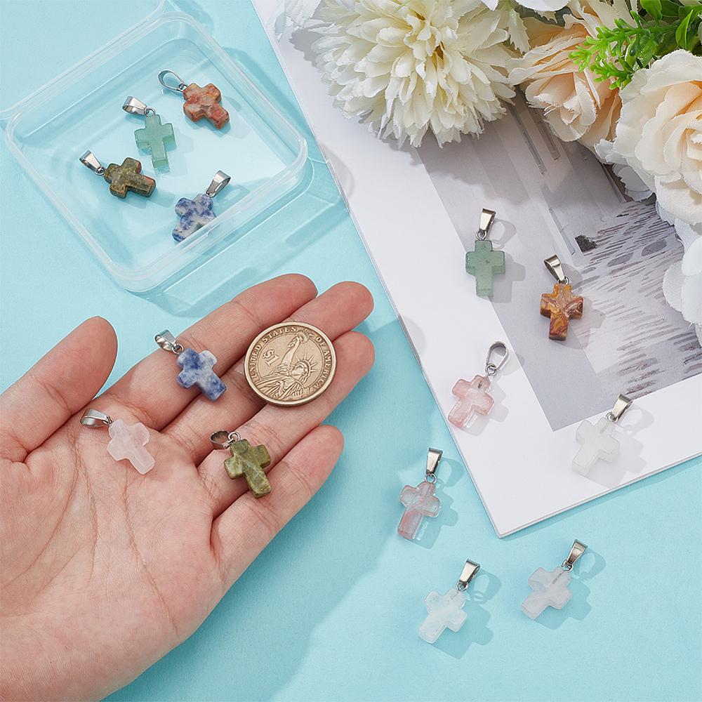 14Pcs 7 Styles Gemstone Cross Pendants with Stainless Steel Color Plated 201 Stainless Steel Snap on Bails Mixed Dyed and Undyed