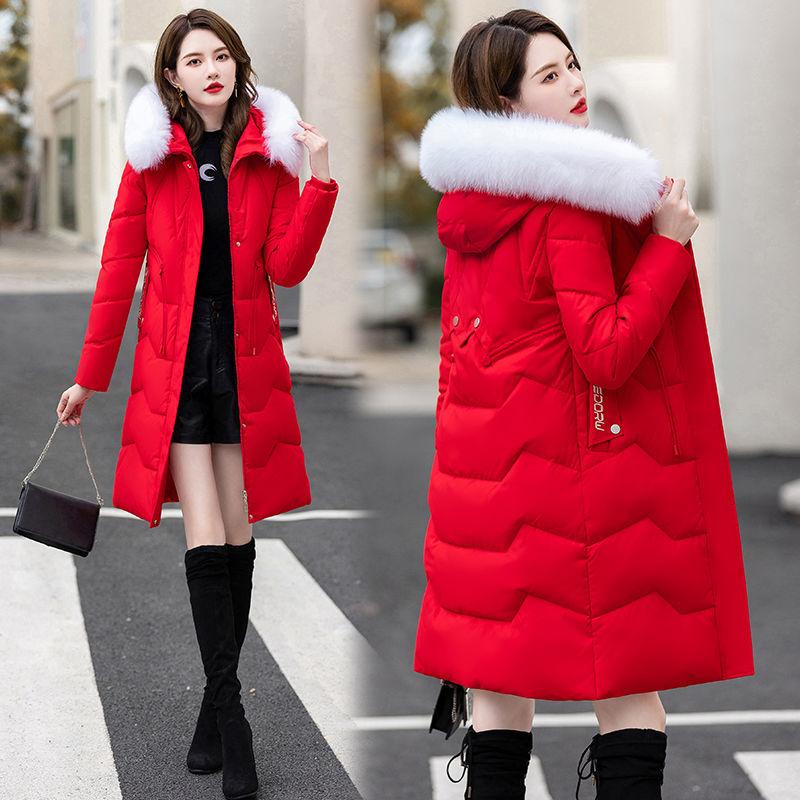 Пуховик женский средней длины и длинный новый приталенный с меховым воротником теплый пуховый утолщенный зимний