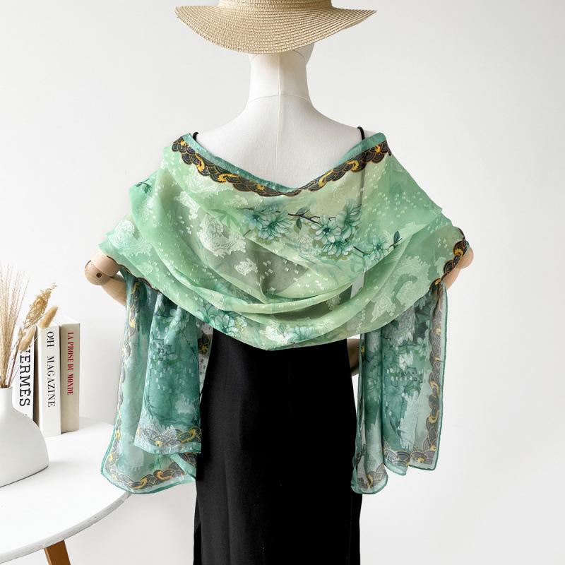 Национальный стиль и национальные тенденции Зеленый ажурный цветочный шаль для ужина для женщин Новый шелковый шарф с принтом ручной работы Высококачественный свадебный шарф