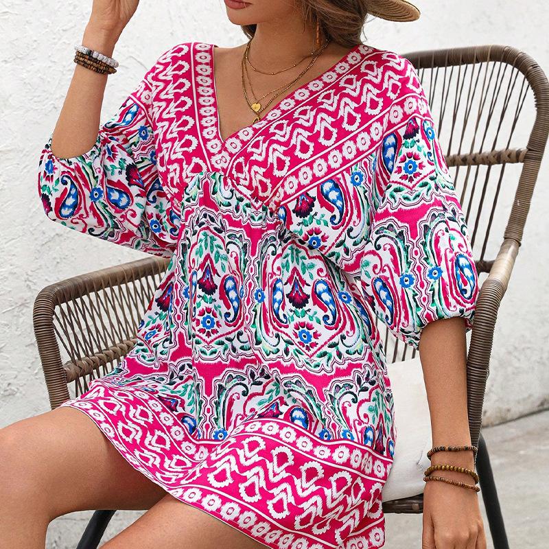 Summer Batwing Sleeve Sweetheart Pleated Dress Mini Dress Women Sexy V-neck Loose Beach Sundress Graphic Printed Elegant Dresses