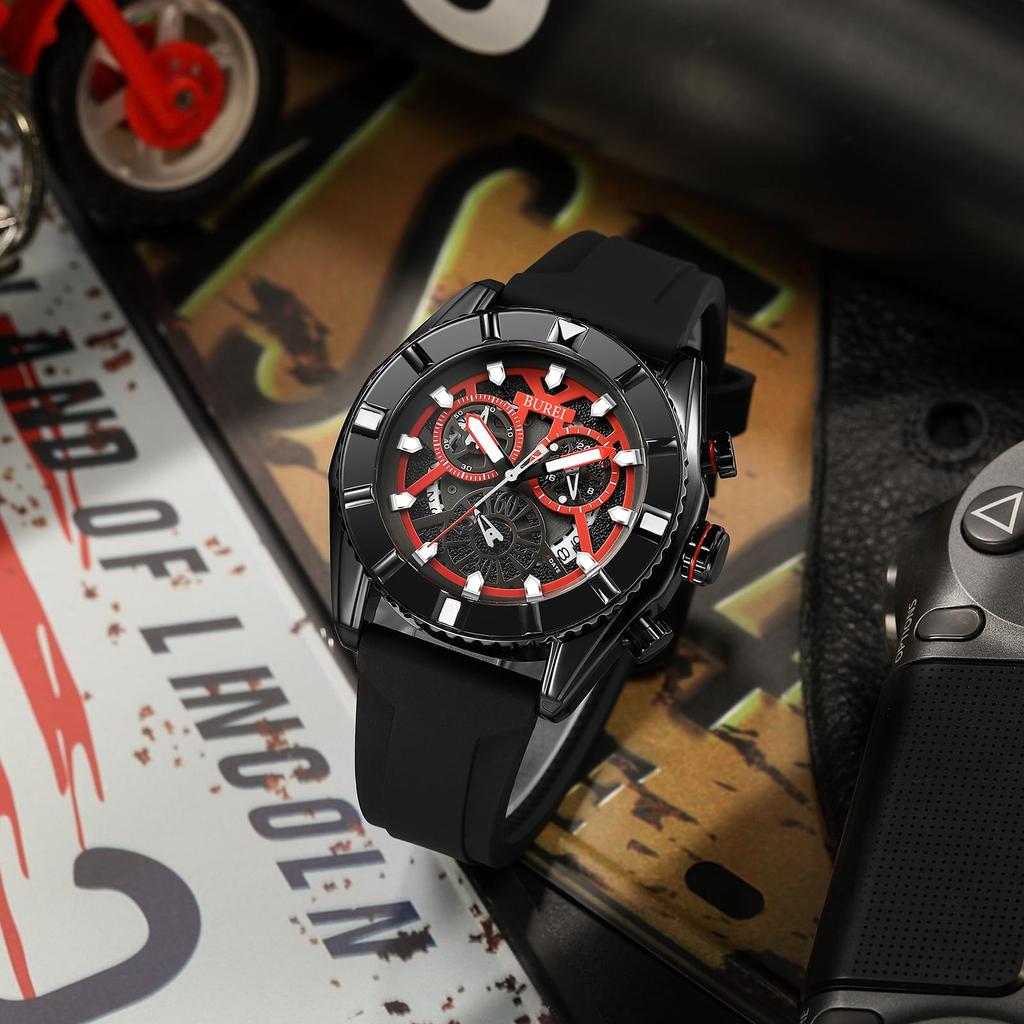 [BUREI] Мужские часы с хронографом, кварцевые, мужские часы, аналоговые, водонепроницаемые, дата, черные, с уретановым ремешком, мужские часы в подарок