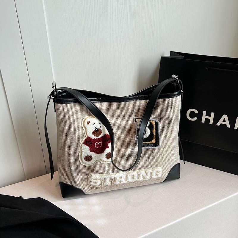 Винтажная сумка-тоут с рисунком медведя, большая вместимость, женская сумка через плечо, модная универсальная школьная сумка для девочек-подростков