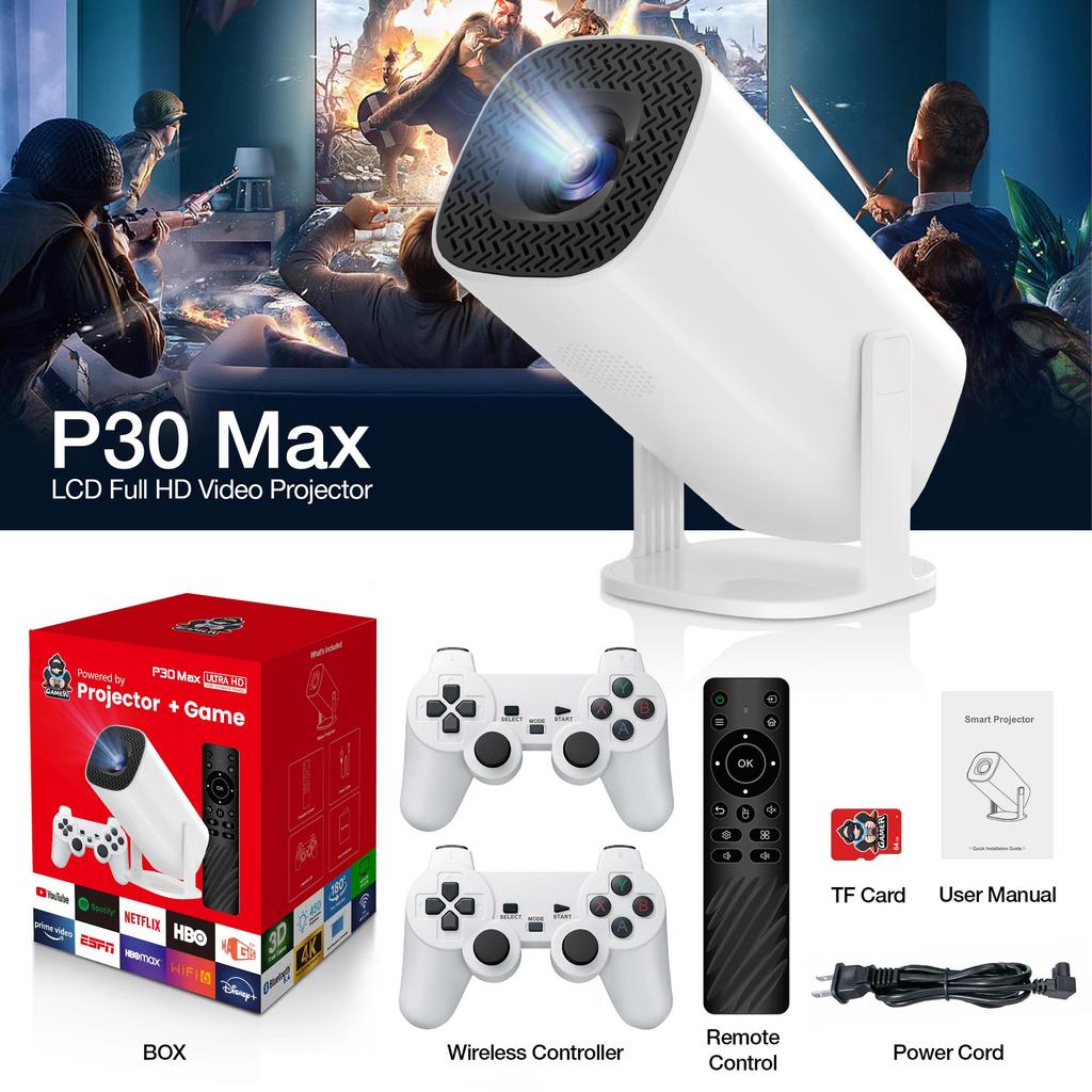 Проектор P30 Max 4K HD 1080P Bluetooth Android 11 с 2 беспроводными игровыми контроллерами, встроенными 3000 играми