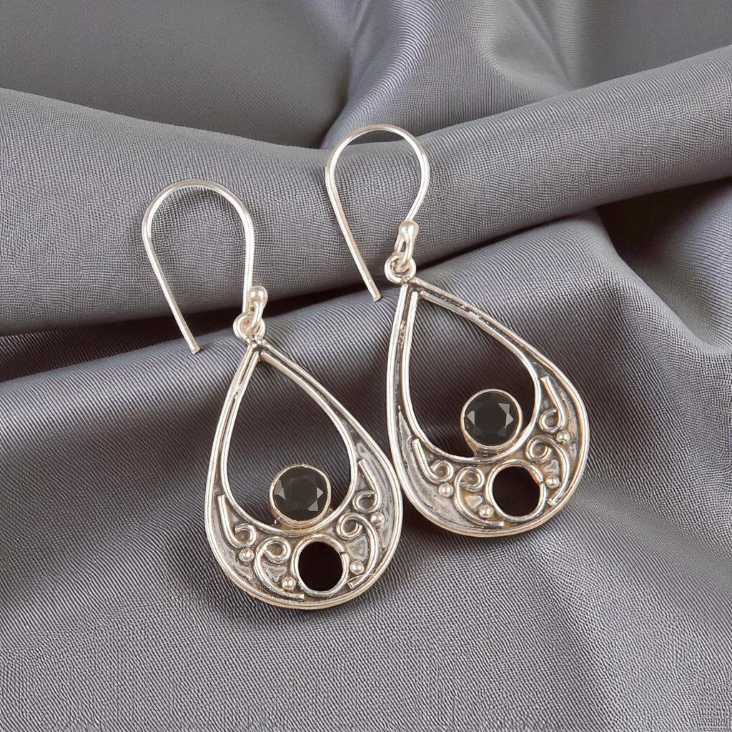 Black Onyx Gemstone 925 Sterling Silver Handmade Jewelry Earrings 1.91" For Wife EE-90-17