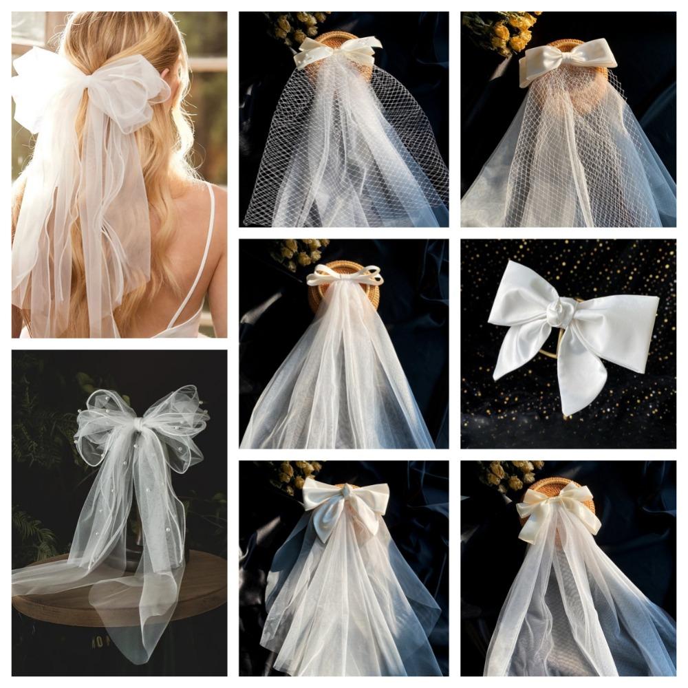 Марлевая Свадебная Фата Многослойная Фата с Жемчугом и Бантом Романтическая Белая Свадебная Фата из Тюля Свадебное Платье