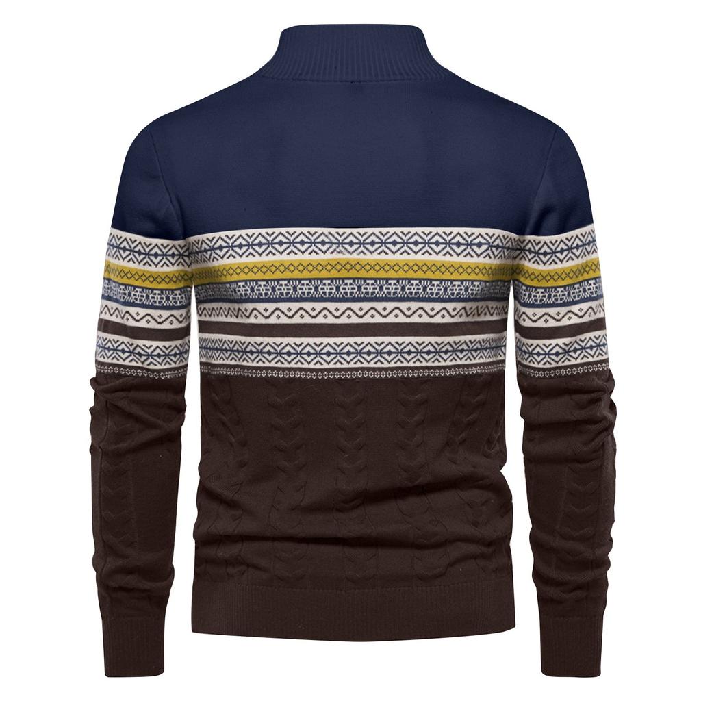 Men's Winter Print Stand Collar Half Zipper Slim Fit Knit Long Sleeve Top