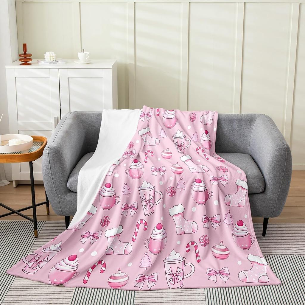 Christmas Plush Throw Blanket Bow Flannel Blanket Baby Candy Canes Print All Season Xmas Tree for Couch Bed Sofa Bedroom Decor