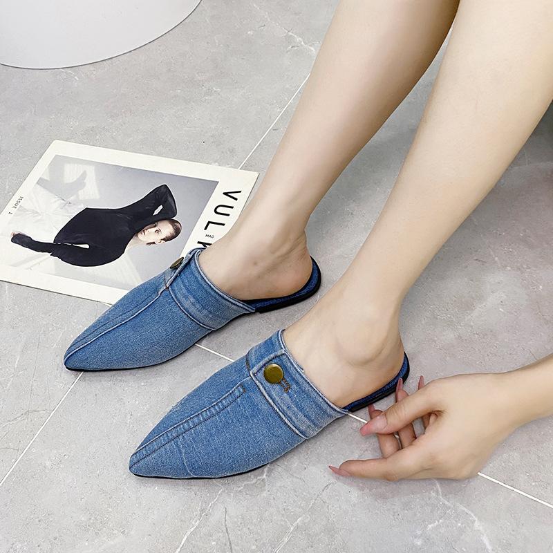 Женские полутапочки с острым носком, летние туфли на плоской подошве, модные повседневные тапочки из джинсовой ткани с закрытым носком для женщин, уличные женские туфли без каблуков