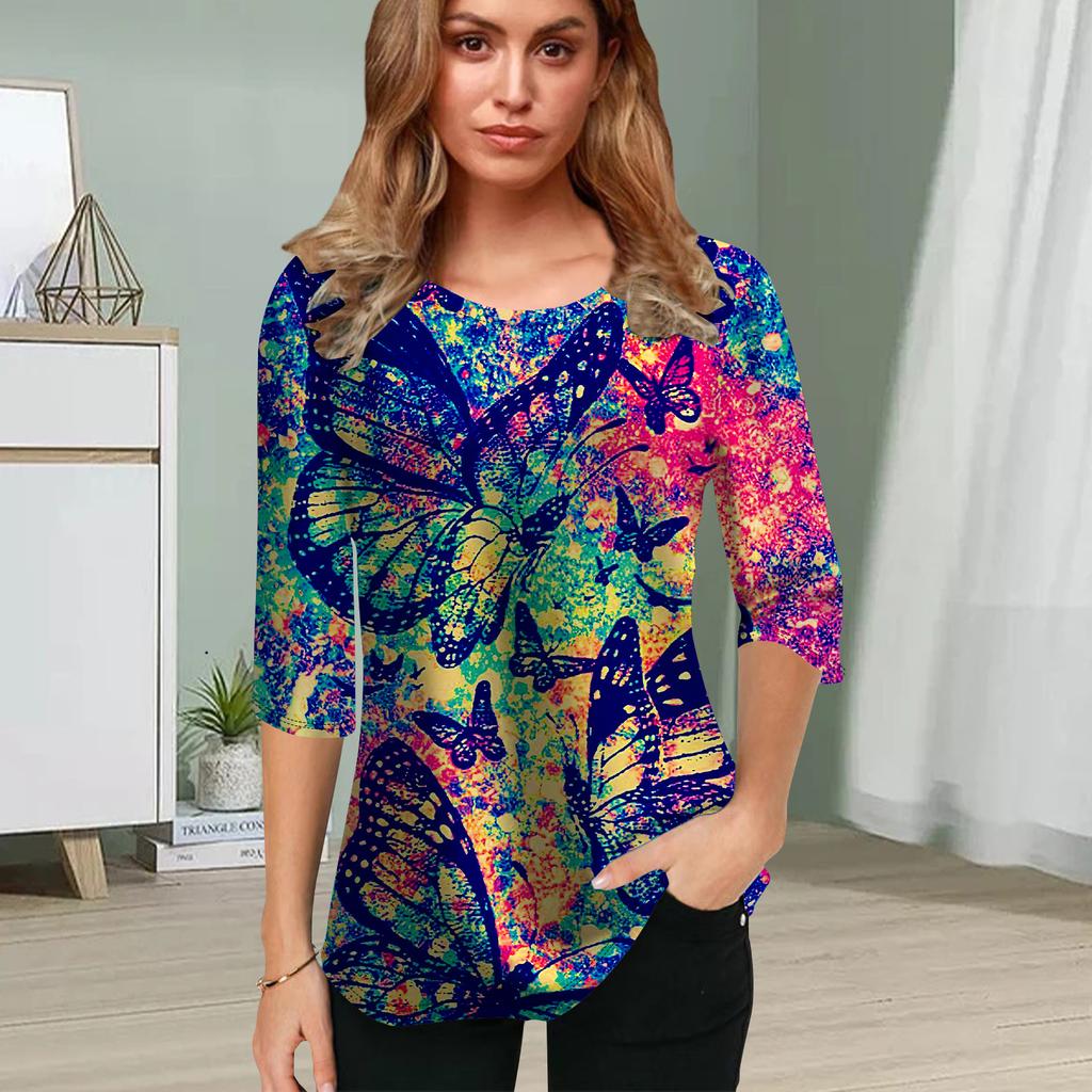 Womens Blouse 3D Starlight Butterfly Printing Flower Half Sleeve Tops Summer Casual Tops Printed Round Neck Half Sleeve T Shirt