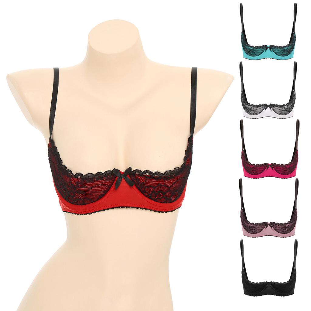 Women Plus Size Lace Trim Underwire 1/4 Cup Open Front Bra Top Push Up Shelf Balconette Brassiere Corset Underwear