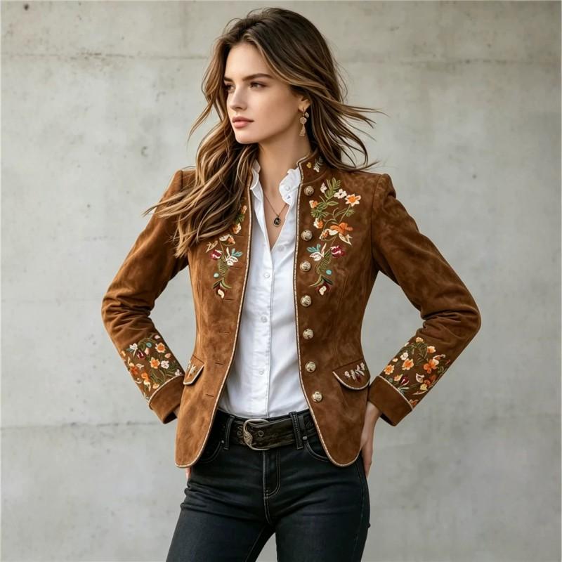 2026 Fall Winter Womens Tailored Western Retro Blazer Solid Color Long Sleeve