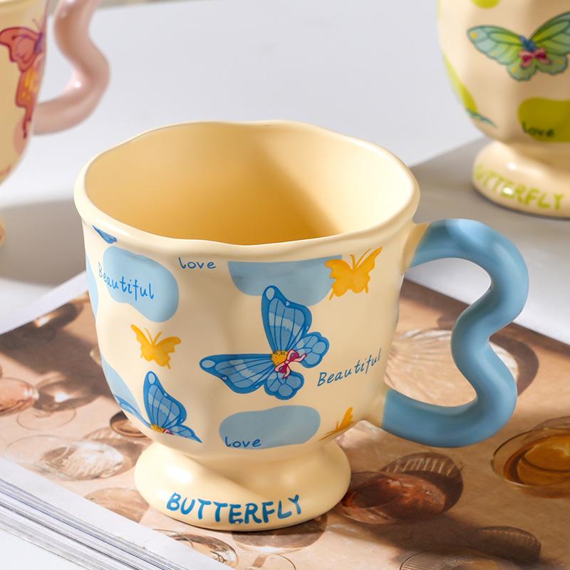 Ins Style Flower Goblet Cute Strap Home Single Cup Nordic Ceramic Cup Butterfly Pastoral Mug Set