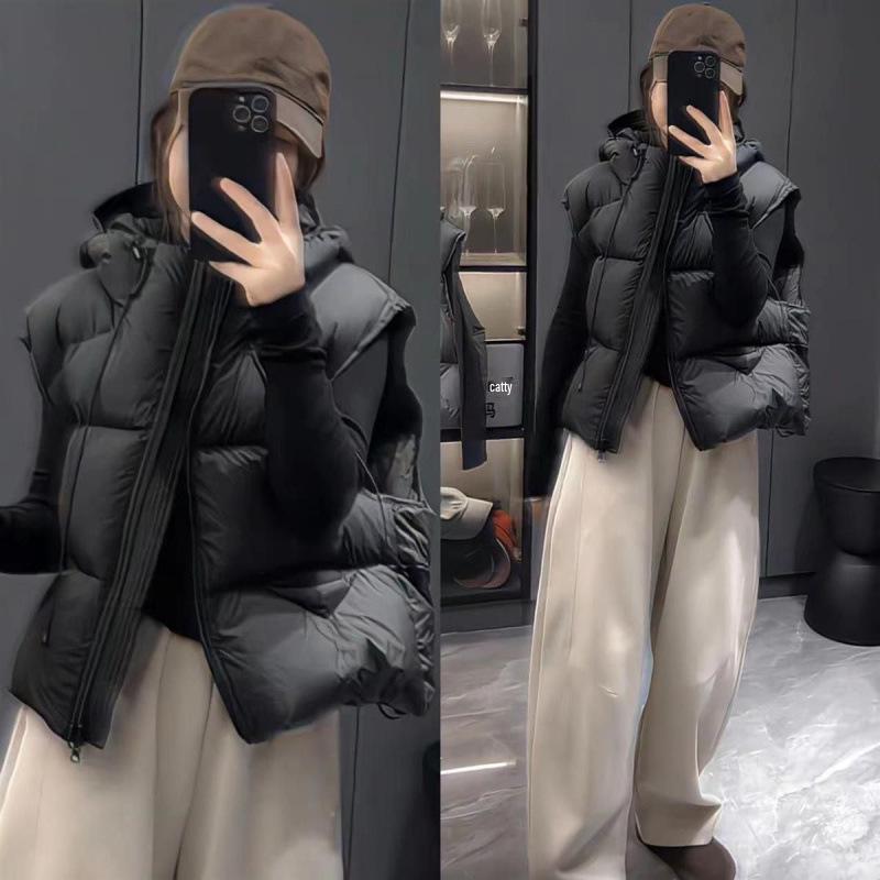 Женский высококачественный легкий пуховый жилет-пуховик с капюшоном - Короткая, пушистая верхняя одежда для осени/зимы