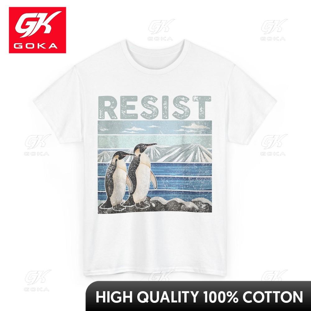 Resist Penguin Activism Tshirt Penguin No Tariffs Fun Cartoon Crewneck Short Sleeves Pure Cotton Casual Top Casual Wear