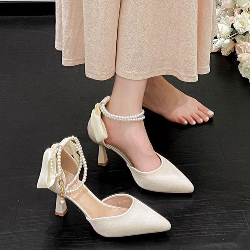 Slim Heel Fairy Style Bow Temperament Fashion Pearl Lace-up Pointed High Heels Sandals Women 2025 New Korean Version
