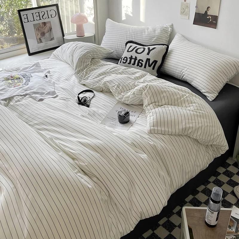 Bed Linen Bed Sheets Set Stripes Duvet Suit Cover Set Quilt Cover Bed Sheet Quilt Sets Queen Size Ins Blogger Comforter Sets