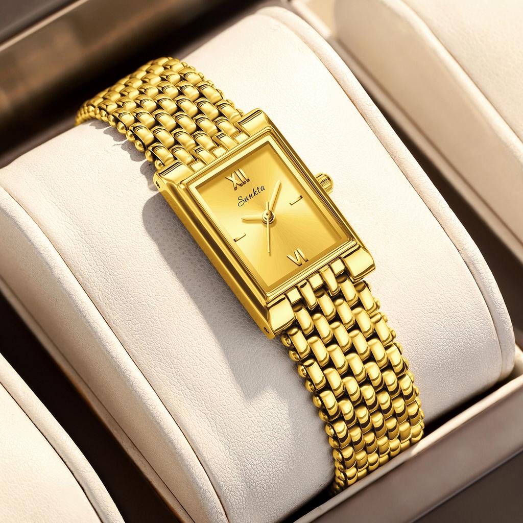 SUNKTA Retro Square Watch Women's Gold Watch Light Luxury Temperament Quartz Watch Versatile Commuting Waterproof Watch+BOX