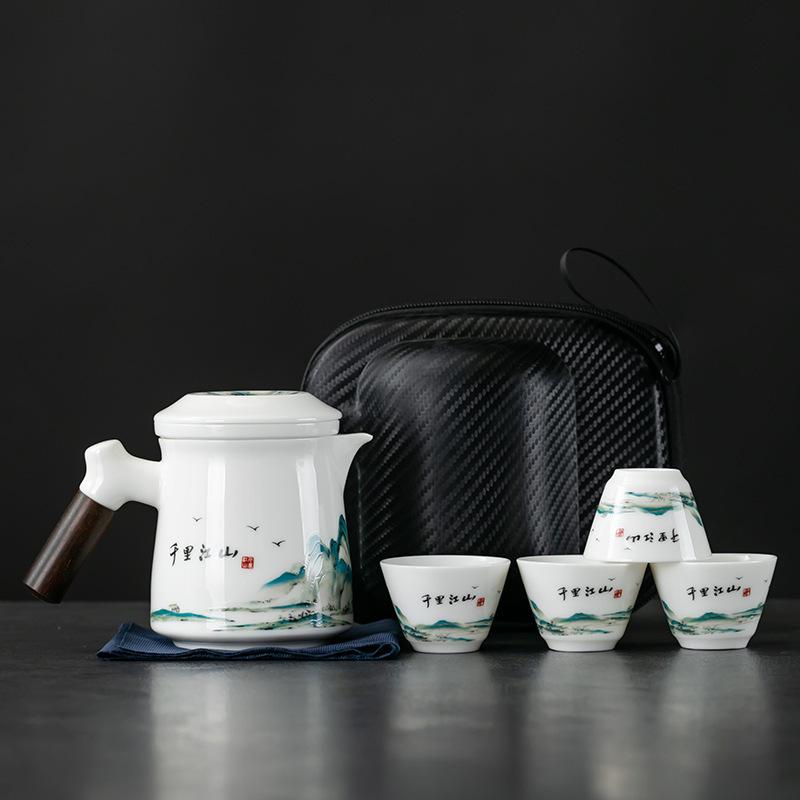 Suet jade Dehua white porcelain outdoor portable travel tea set business gift matching gift printing express cup