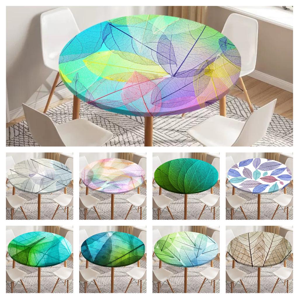 Skeleton Leaves Round Fitted Tablecloth Waterproof Dining Table Decoration Accessories Classic Pattern Table Cover Kitchen Decor