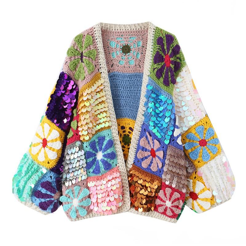 Vintage Style Knit Cardigan Women Sequin Decor Long Sleeve Street Fashion 2026
