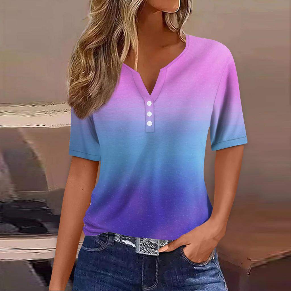 Женская футболка Футболка Принт Пуговица Короткий рукав Повседневная Мода для выходных Базовая V-образный вырез Обычный топ