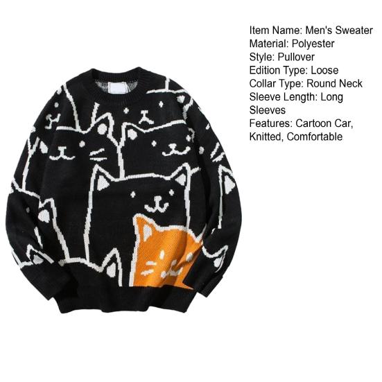 Вязаный свитер с рисунком кота, японский ретро-пуловер в стиле Харадзюку, мужские топы, трикотаж большого размера на зиму и осень