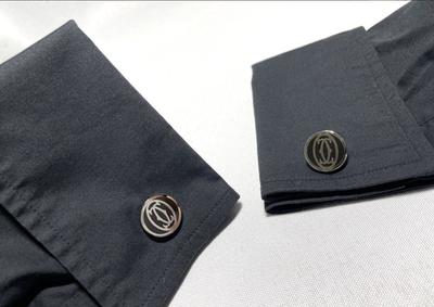 Cartier Double C Logo Pattern Cufflinks Silver 925 Black Vintage Button Style