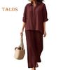 Women's Cotton Linen 2 Piece Set Casual Lapel V Neck Short Sleeve Top Wide Leg Pants Set Summer Loose Lounge Outfits
