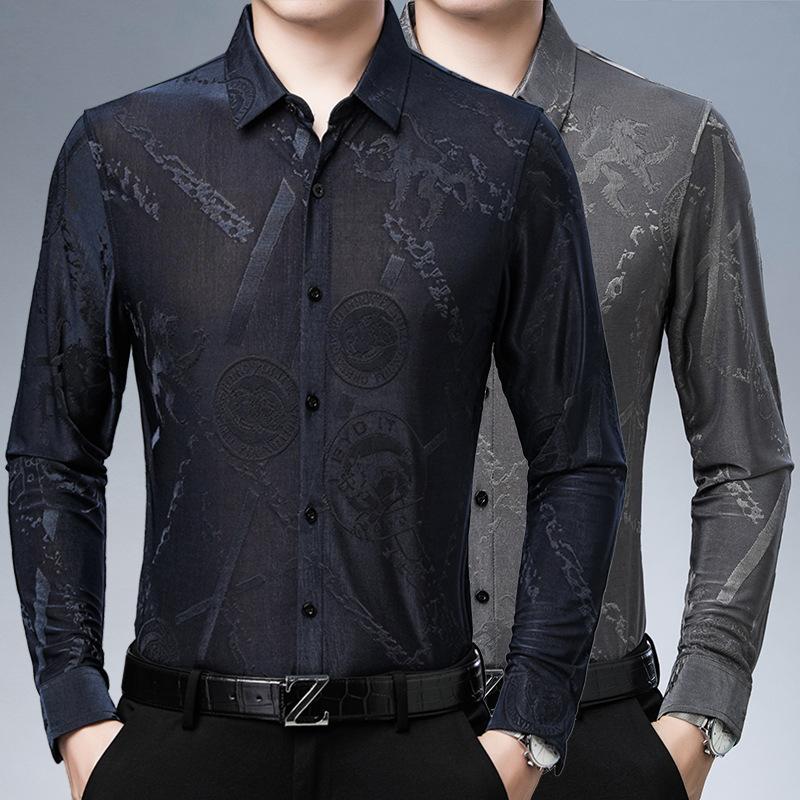 Men's Floral Long-sleeved Ice Silk Shirt, Fashionable Large Floral Shirt, Autumn Dad Wear, Casual Middle-aged Shirt for Men
