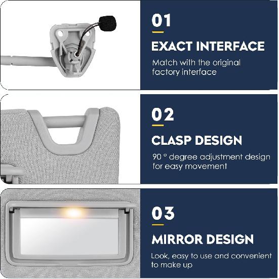 Right Passenger Side Sun Visor With Light For Nissan Altima 2013 2014 2015 2016 2017 2018, Without Sunroof Replaces 96400-3TA2A Gray