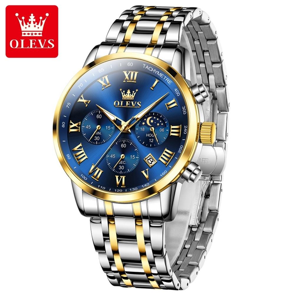 Multifunctional Men's Watches Chronograph Quartz Watch Moon Phase Calendar Luminous Waterproof Watch for Men
