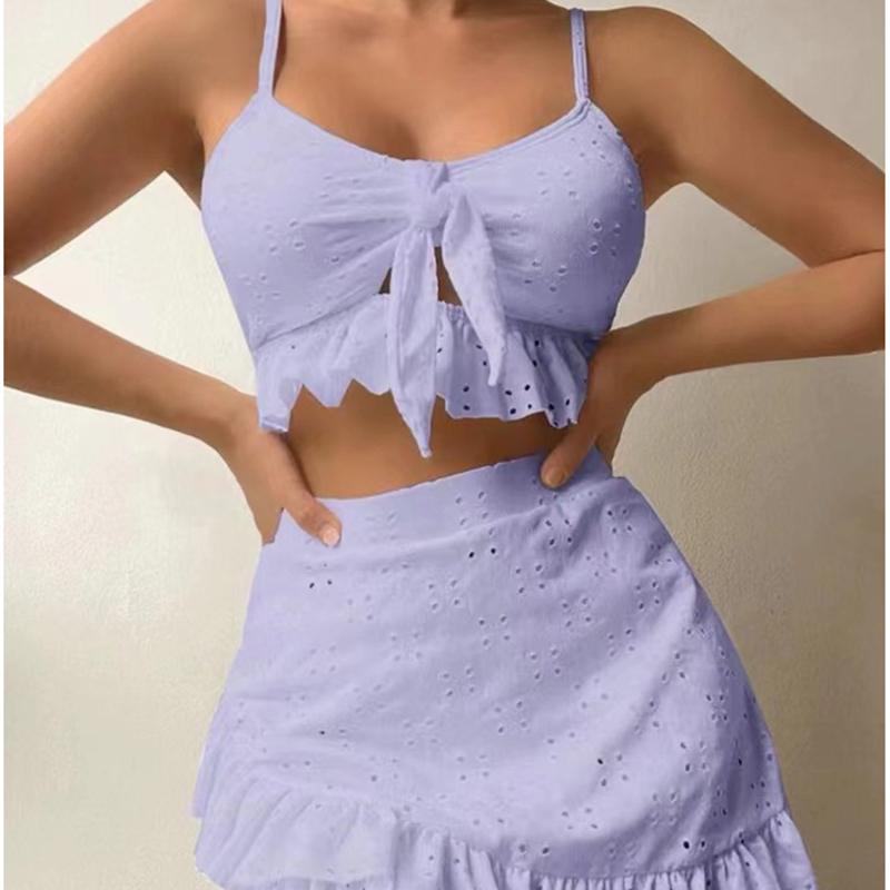 Solid Bikini Set High Waist Mesh Beach Style Swimwear Women Three-piece Flounce Summer Swimsuit Biquini Bathing Suit