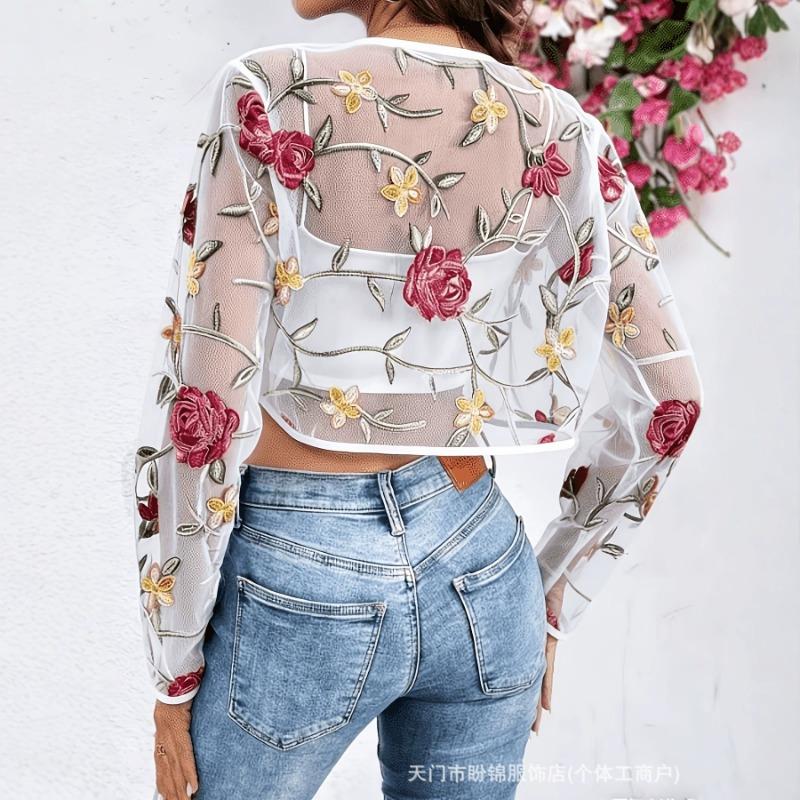 Women S Sexy Sweet Lace Splicing Perspective Flower Long Sleeve Cardigan