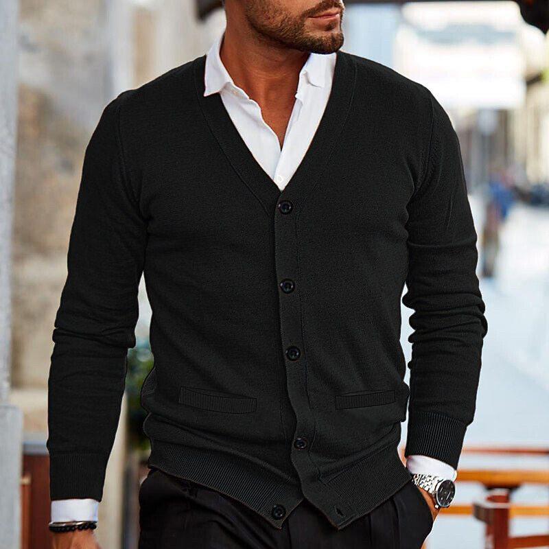 Men Solid V Neck Cardigan Knitted Jumper Long Sleeve Button Up Warm Sweater Tops
