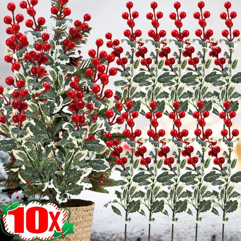 Искусственные Ягоды Падуб Красные Ягоды Ветки с Зелеными Листьями Украшение для Цветочной Композиции на Обеденный Стол Подвески для DIY Рождественской Елки