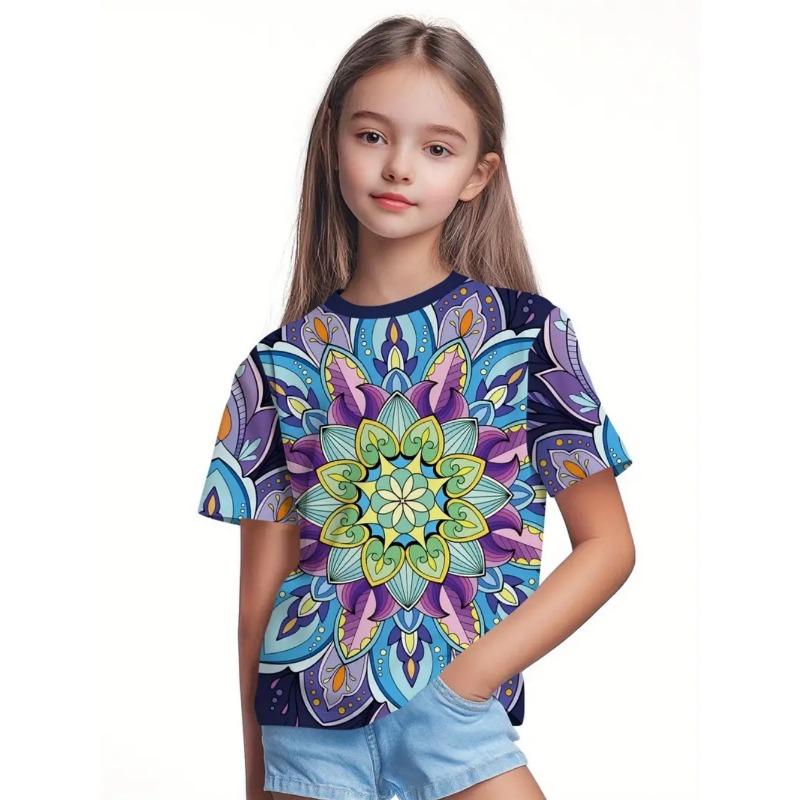 Красивая футболка для девочек Красивый цветочный 3D-принт Летняя мода Топы с круглым вырезом и короткими рукавами Повседневные футболки для детей