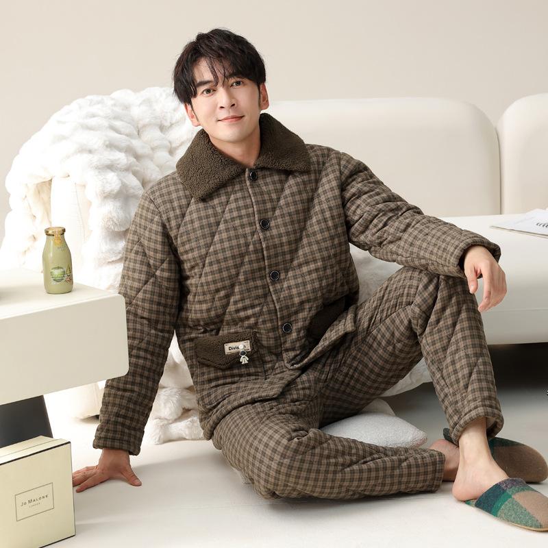 Pajamas Men'S Winter Three-Layer Thickened Fleece Pure Cotton Padded Jacket Men'S Autumn And Winter Coral Fleece Ultra-Thick Loungewear
