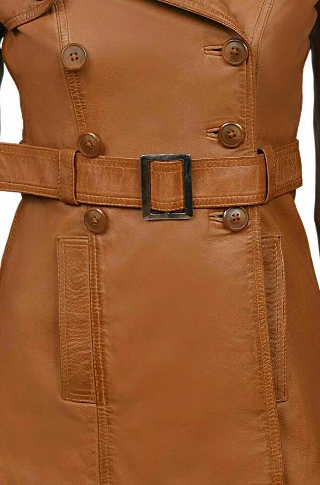 Женский тренчкот HOT Brown Leather Handmade Lambskin Натуральная стильная одежда Мягкая