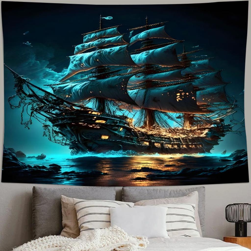 1pc Green Tapestry Ghost Ship Printed Reusable Dustproof Oversized Tapestry for Birthiday Gift Home Party Wall Decoration