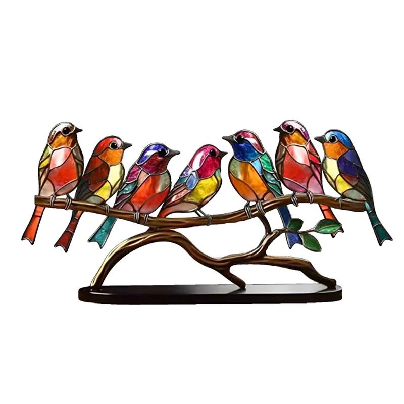 Stained Acrylic Birds On Branch Desktop Ornaments, Double Sided Multicolor Style Birds Craft Statue Desktop Ornaments