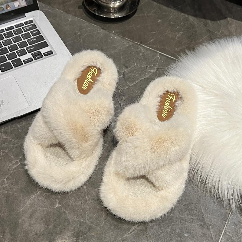 2024 Winter Women Home Indoor Casual Slippers Female Flip Flops Fluffy Shoes Cross Design Slides Ladies Soft Warm Plush Slipper
