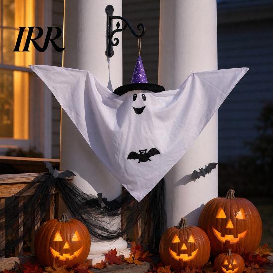 Halloween Party Ghost Accessory Hanging Decoration, Cute Flying White with Witch Hat Outdoor Friendly Ornament And Bat Pattern for Indoor