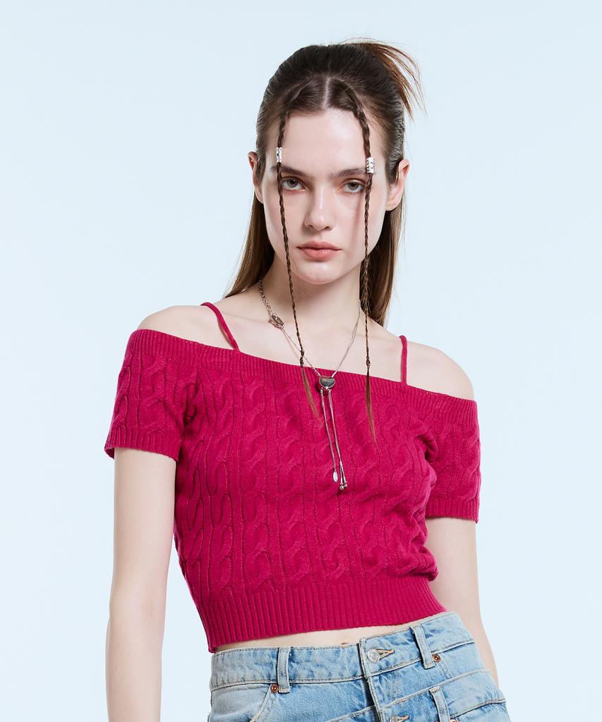LARTIGENT L11 Cable Off Shoulder Knit(Purple)
