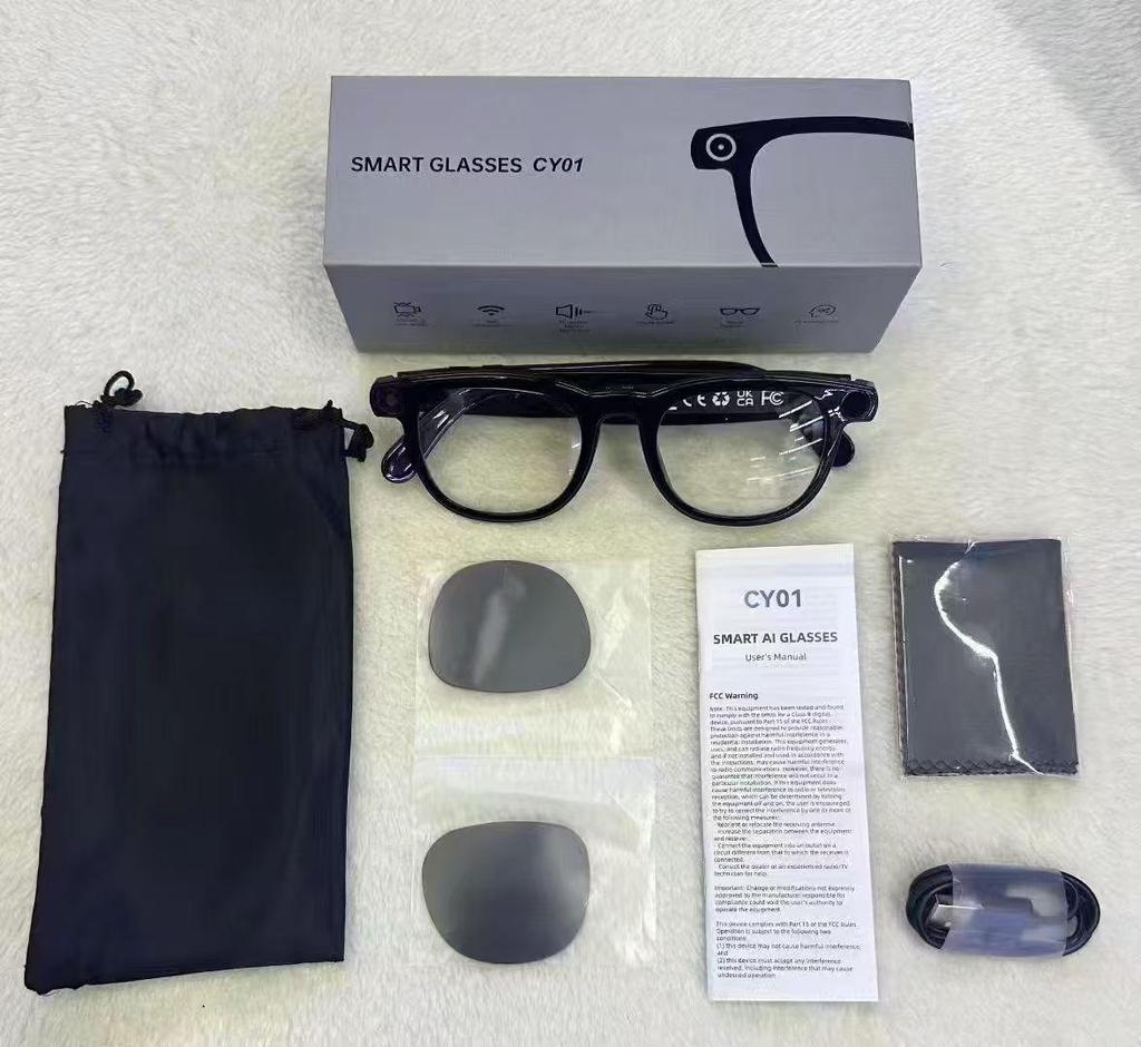 CY01 Smart Glasses: 8MP Camera, AI Voice Assistant, Music, Calls, Photo/Video Recording, 16GB Storage.