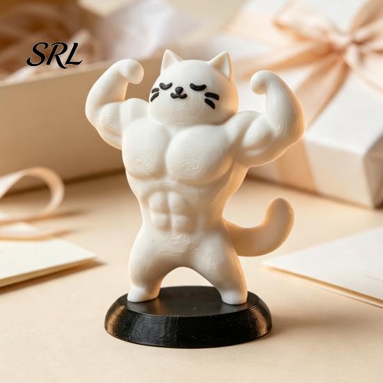 Small Animal Sculpture 3D Printed Muscle Cat Figurine, Funny Strong Desk Ornament for Desktop Decoration Home Office, Creative with Base, Unique Gift