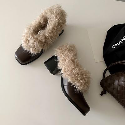 Версия из мягкой кожи~ Квадратный носок, пушистые туфли на одной педали, ретро-бархат для тепла, маленькие кожаные туфли Мэри Джейн, хлопковые туфли, толстый каблук, si