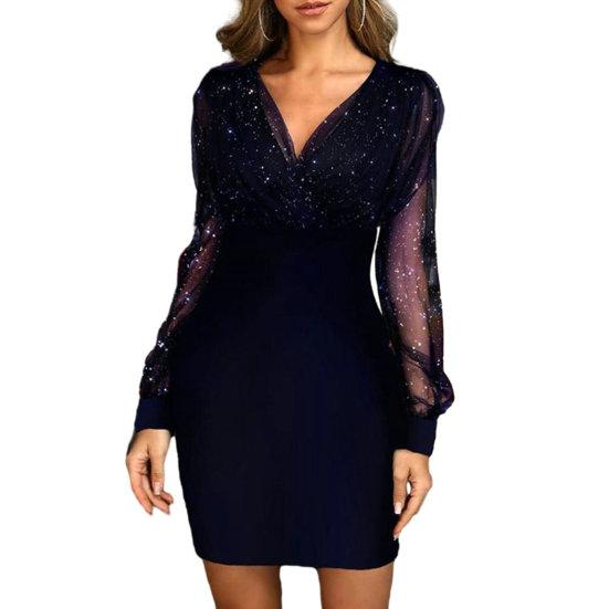 Women Evening Dress V Neck See-through Mesh Patchwork Long Sleeve Shiny Slim Fit Tight Waist Sheath Solid Color Party Prom Mini Dress