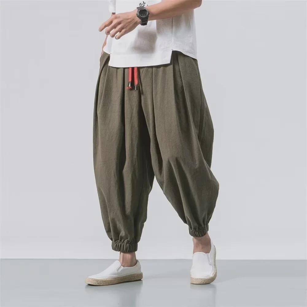 Мужские летние свободные брюки Nine-Point Wide Leg из хлопка и льна